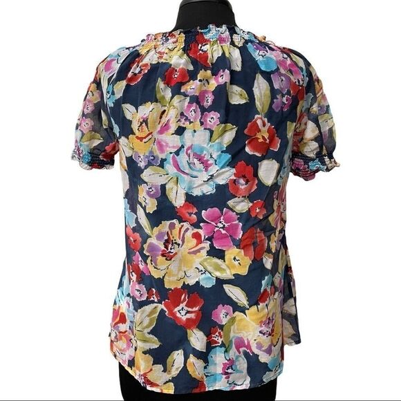JOIE Floral Peasant Style Smocked Neck Silk Blouse Sz S - Picture 6 of 13